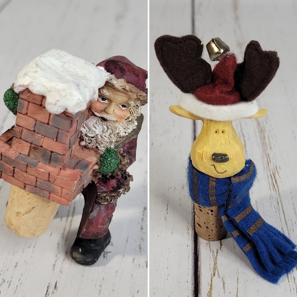 Christmas Santa & Reindeer Decoration Wine Topper Stoppers Set of 2